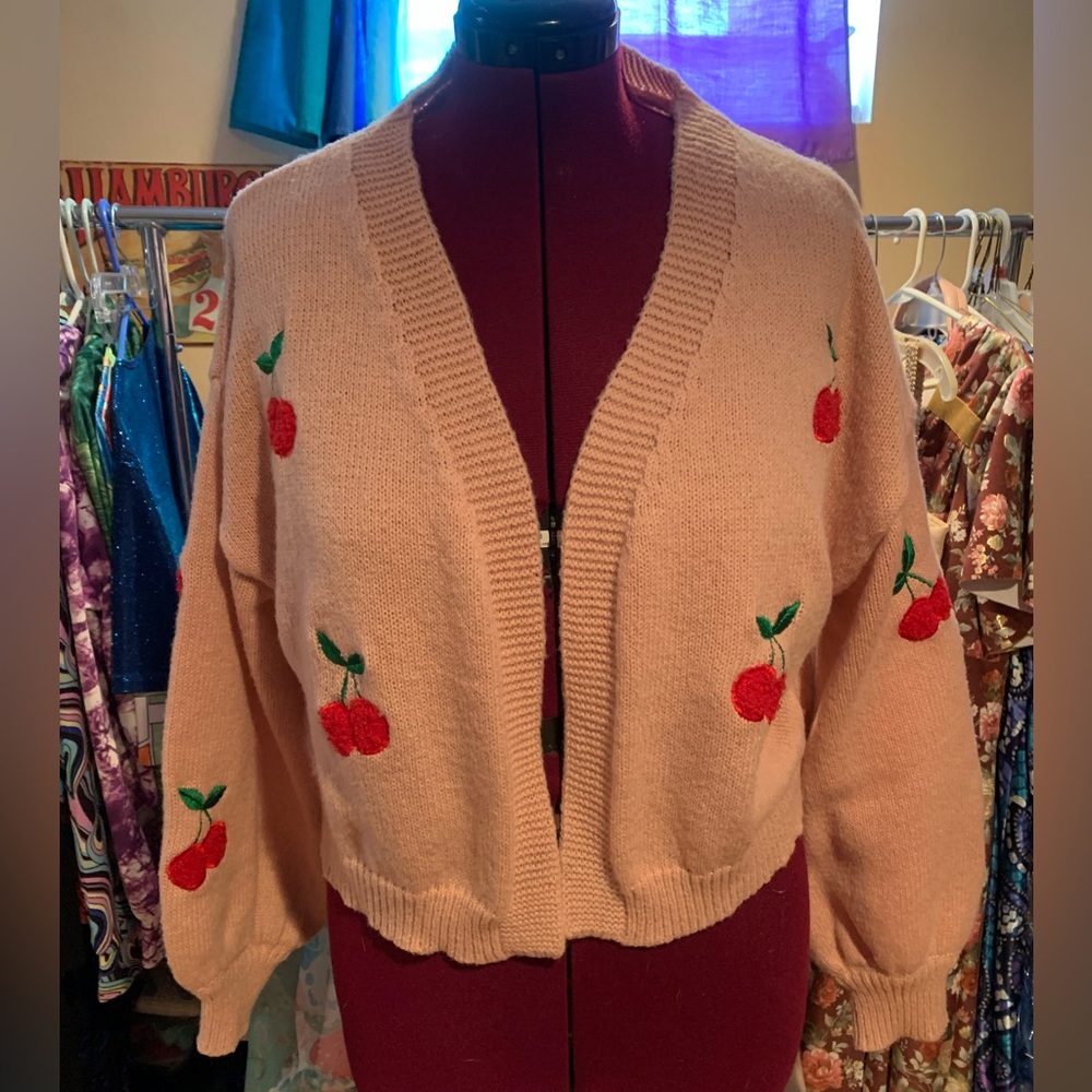 Peach Plus Size Cardigan Sweater with cherry embroidery